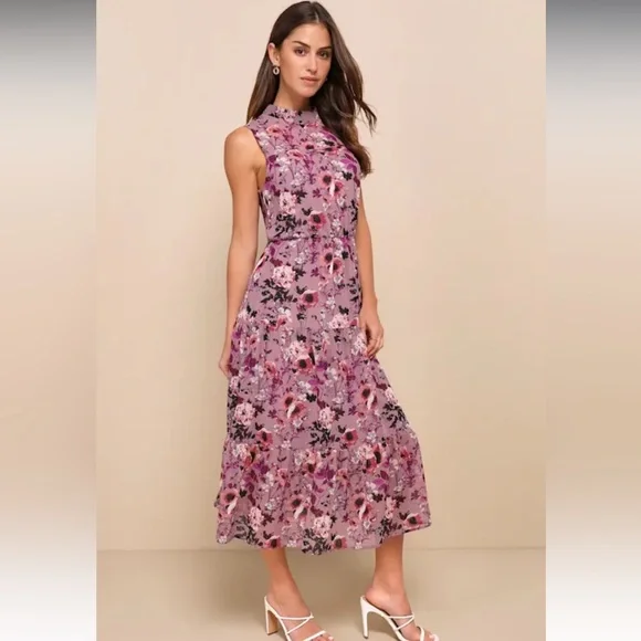 Lulus In My Dreams Mauve Floral Print Midi Dress High Neck A Line Size XS - Picture 2 of 6